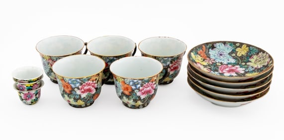 Chinese Famille Noir Procelain Tea Set, 13 Pcs.
