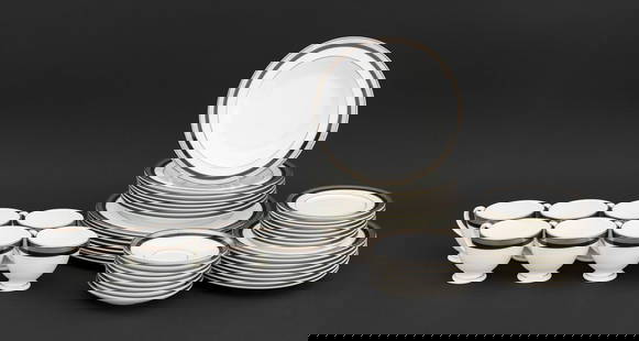 Waterford "Colleen" Porcelain Dinnerware Set, 48: Waterford "Colleen" Porcelain Dinnerware Service Set for Eight, with platinum and black trim, comprising: (8) eight dinner plates, (8) eight cream soup bowls, (8) eight salad plates, (8) eight bread a