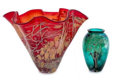 Paul and Barbara Bendzumas Art Glass Vases, 2: Two Paul and Barbara Bendzumas (American, XX) Art Glass Vases, red handkerchief vase marked "P Bendzumas, 95", and smaller green vase marked "B Bendzumas, 1997" along base. Larger: 7.75" H x 10" W x 9