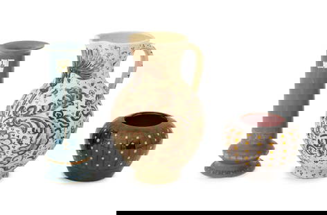 Collection of Art Pottery Vessels, 3: Collection of Three Art Pottery Vessels, comprising: hand-painted jug illegibly signed "Lapacarico JA (?)" below handle, a brown and yellow glazed globular vase marked "Fj" to underside, and an Art De