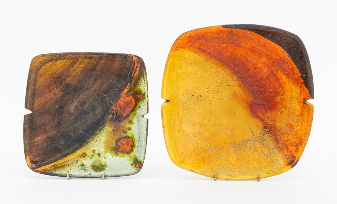 Marcello Fantoni for Raymor Pottery Articles, 2: Two Marcello Fantoni (Italian, 1915-2011) for Raymor Polychrome Glazed Articles, comprising: a partially glazed square plate, signed and marked "Fantoni / Italy / for Raymor" to underside, and an oran