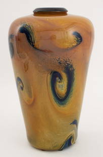 Italian Murano Art Glass Vase: Italian Murano Art Glass Vase, 2000, yellow ground with blue swirls, green iridescence, and opaque black lip, illegibly marked "Valle of Raub (?)" and dated "2000" to underside. 12" H x 7" Diameter. P