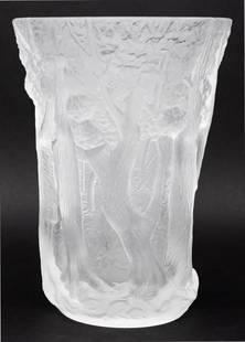 Bohemian Forest Scene Frosted Art Glass Vase: Bohemian Forest Scene Frosted Art Glass Vase, depicting raised trees, "Bohemia Line / made in Czech Republic" label to inside lip. 10.5" H x 7.75" Diameter. Provenance: From an East End Avenue Collect