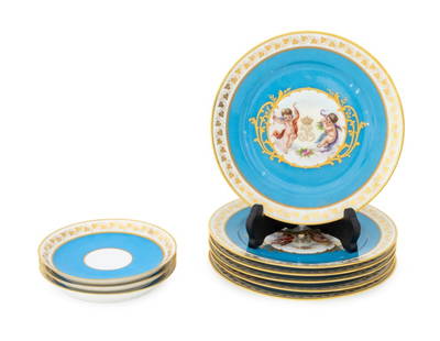 Sevres Louis Philippe Porcelain Plates, 9: Collection of Nine Sevres Louis Philippe Chateau des Tulleries Porcelain Plates, comprising: (6) six salad plates, marked with gilt flower stamp and "Chateau des Tulleries / France" to the underside,
