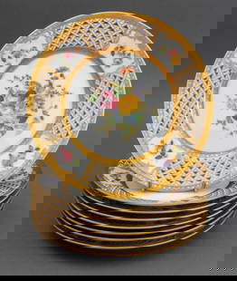 Richard Ginori "Pompadour" Porcelain Plates, 8: Set of Eight Richard Ginori "Pompadour" Pattern Porcelain Plates, marked "Richard Ginori / Italy" to the undersides. 7.75" Diameter. Provenance: From a New York City Collection. Keywords: Designer, It