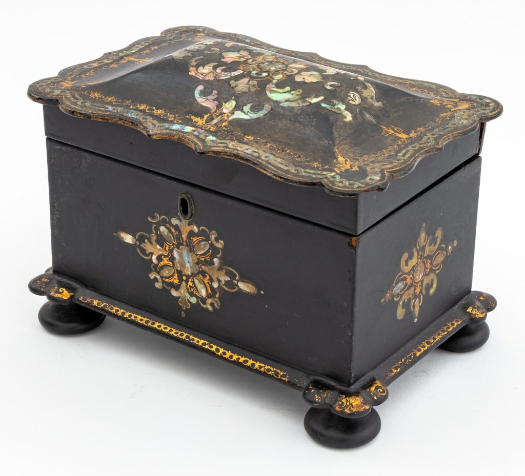Victorian Black Papier Mache Tea Caddy (1 of 8)