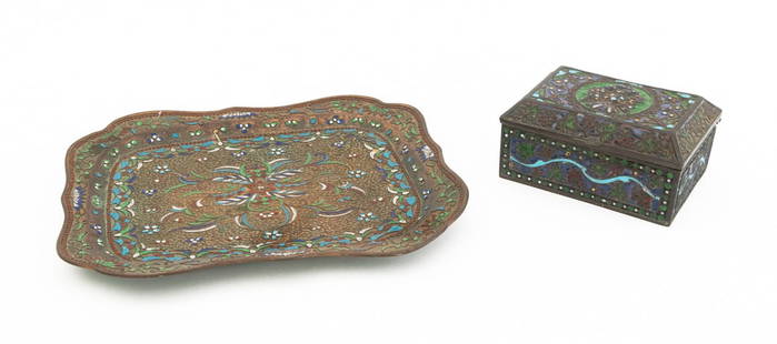 Russian Cloisonne Enamel Articles, 2: Two Russian Cloisonne Enamel Pieces, late 19th century, comprising: a scalloped tray with scrolling floral motif and a hinged and covered box with imperial eagle medallion to lid. Tray: 10.75" L x 9.2