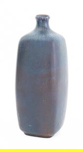 Knabstrup Danish Modern Art Pottery Vase: Knabstrup Danish Modern Art Pottery Vase, 1960s, quadratic bottle vase form glazed blue, marked with "Knabstrup / Made in Denmark" label to underside. 12.5" H x 4.75" W x 4.5" D. Provenance: From a Ne