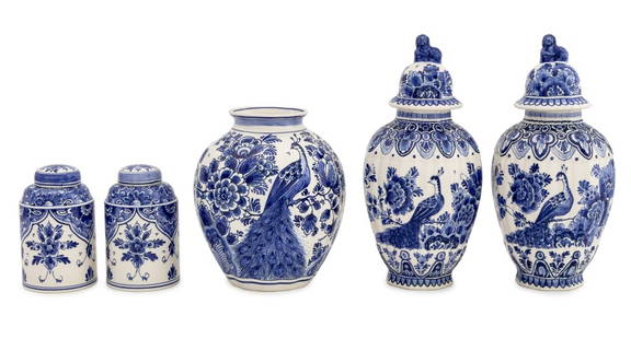 Delft Blue and White Porcelain Articles, 5: Collection of Five Delft Blue and White Porcelain Articles, comprising: pair of covered ginger jars with peacock motif and lion knop to the lids, pair of covered cylinder jars, and baluster vase, each