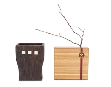Modern Carved and Inlaid Wood Vases, 2