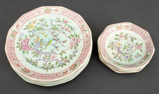 Adams Calyx "Singapore Bird" Tableware, 11 Pcs.: Eleven Adams Calyx "Singapore Bird" China Tableware Pieces, comprising: five (5) dinner plates and six (6) teacup saucers, marked "Adams / England / Calyx Ware" to undersides. Larger: 8" Diameter. Pro