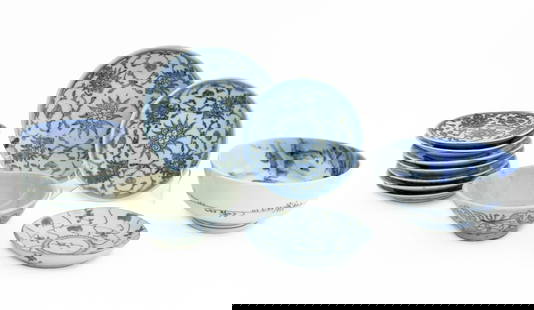 Chinese Blue & White Porcelain Articles, 12: Group of Twelve Chinese Blue and White Porcelain Articles, comprising: ten dishes, each marked to underside, and two bowls, the largest with hand-painted landscape scene inside. Largest bowl: 3.25" H