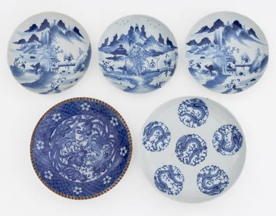 Asian Blue and White Porcelain Plates, 5: Collection of Five Asian Blue and White Glazed Porcelain Plates, comprising: one with dragon motif marked to underside, three with mountainous landscape scenes marked to undersides, and one with phoen