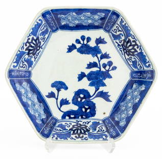 Chinese Blue & White Porcelain Hexagonal Plate: Chinese Blue and White Glazed Porcelain Hexagonal Plate, with hand-painted floral motif. 10" L x 9.25" W x 1.5" H. Provenance: From a Greenwich, Connecticut Collection. Keywords: Asian Art, China, Cer