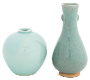 Japanese Celadon Glazed Vases, 2: Two Japanese Celadon Green Glazed Vases, one light celadon glazed porcelain globular bud vase with blue three character mark to underside, and one celadon crackle glazed ceramic bottle vase with impre