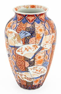 Japanese Fukagawa Koransha Imari Porcelain Vase: Japanese Fukagawa Koransha Imari Porcelain Vase, Meiji period, with fan motif and gilt scroll decoration, marked in cobalt blue to the underside. 9.5" H x 5.75" Diameter. Provenance: From an East 72nd