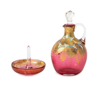 Bohemian Gilt Enameled Red Glass Articles, 2