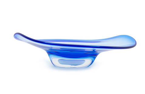Adam Jablonski Art Glass Centerpiece Bowl: Adam Jablonski (Polish, b. 1936) Art Glass Centerpiece Bowl, white glass encased in blue, etched signature to underside. 3.75" H x 13.75" W x 10.75" D. Provenance: From a 225 West 86th Street, New Yor
