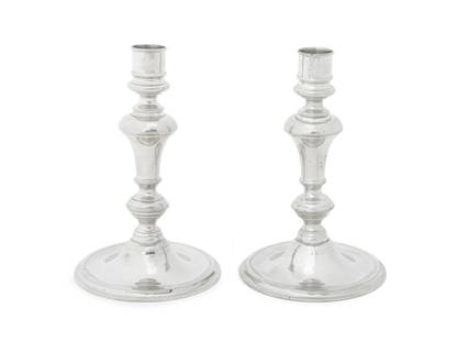 Shirley Pewter Candlesticks, Pair: Pair of Shirley Pewter Candlesticks, with incised eagle motif to the top, marked Shirley / Williamsburg Virginia / Handmade" to the underside. 8" H x 5.25" Diameter. Provenance: From a New York City A