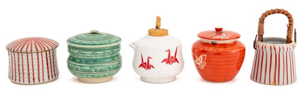 Japanese Art Pottery Diminutive Vessels, 5: Collection of Five Japanese Art Pottery Diminutive Vessels, comprising: covered jar and open jar with twine handle, marked to the underside, white jar with red paper crane motif, red glazed covered ja