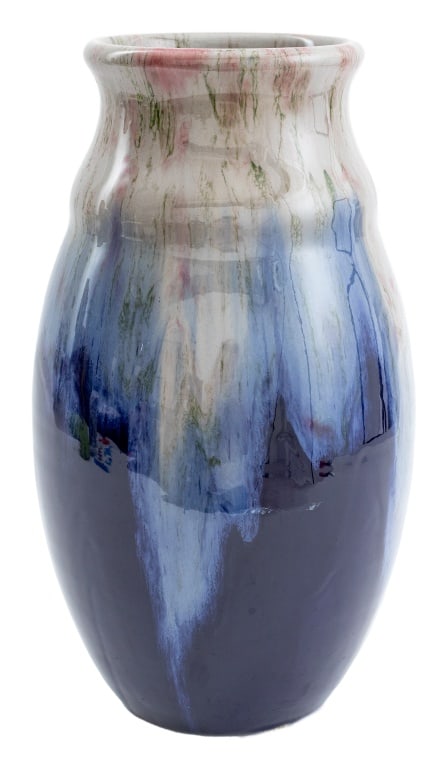 Michael Andersen & Sons Art Pottery Vase: Michael Andersen and Sons Art Pottery Vase, with gray and blue gradient drip glaze, marked "MA & S / Denmark / 1899" to underside. 14.75" H x 8" Diameter. Provenance: From a 333 East 75th Street Estat