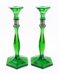 American Pressed Green Glass Candlesticks, Pair