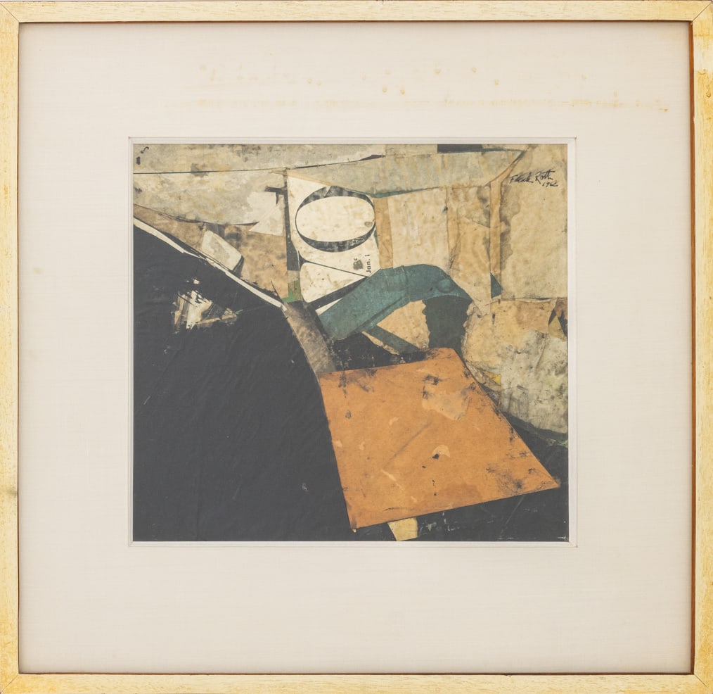 Frank Roth Untitled Mixed Media, 1962: Frank Roth (American, 1936-2019), Untitled, Oil and Wax Medium on Paper with Collage Elements, 1962, signed and dated upper right, painted wood frame. Image: 10" H x 11" W; frame: 17.75 H x 18.5" W x
