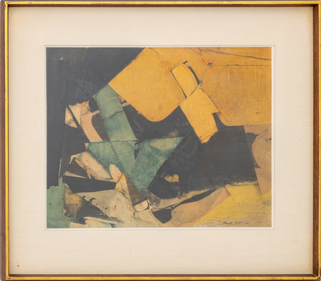 Frank Roth Untitled Mixed Media, 1963: Frank Roth (American, 1936-2019), Untitled, Oil and Wax Medium on Paper with Collage Elements, 1963, signed in pencil and dated lower right, wood frame with gilt trim. Image: 12.25" H x 15.25" W; fram