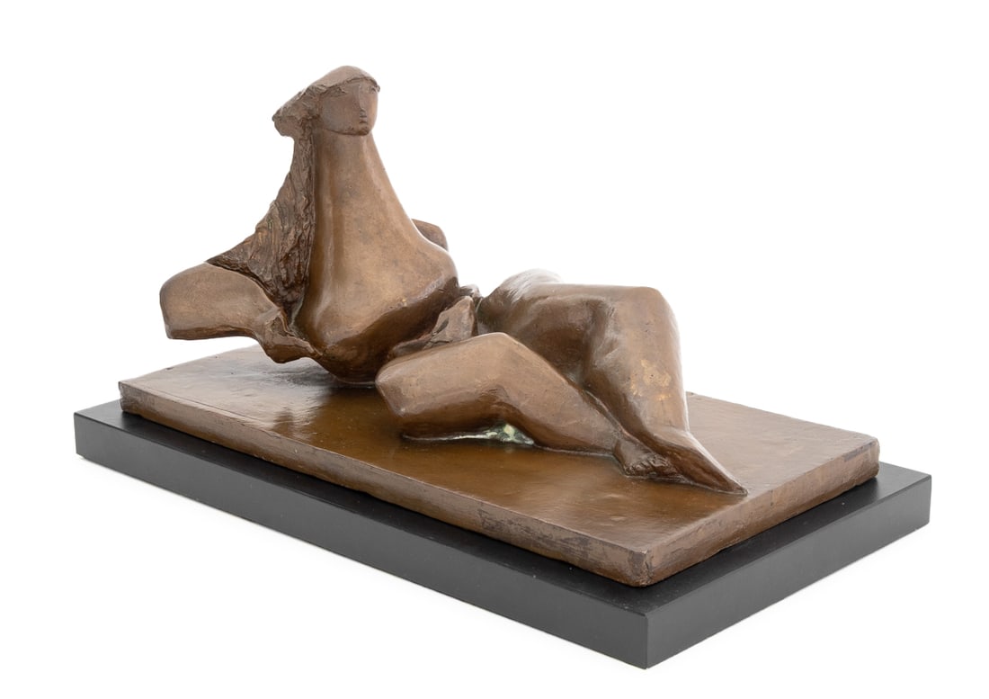 Lily Landis Reclining Nude Patinated Bronze: Lily Landis (American, b. 1918) Reclining Nude Woman Patinated Bronze Sculpture, signed "Landis" to edge of rectangular base, together with black plinth. Overall: 9" H x 17.5" W x 9.5" D. Provenance: