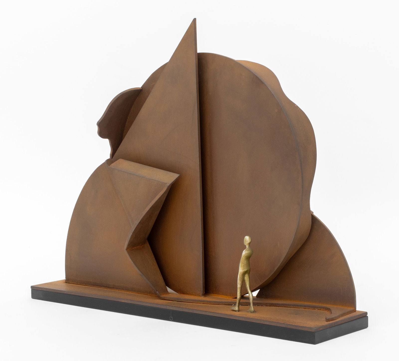 Ernest Trova "Profile Canto" Steel Sculpture, 1974: Ernest Trova (American, 1927-2009) "Profile Canto" Gilt Bronze and Corten Steel Sculpture, 1974, Pace Editions, signed, dated, and numbered edition "75/125" to underside, on ebonized plinth. 12" H x 1