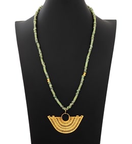 18K Gold Amulet on Jade & Quartz Bead Necklace