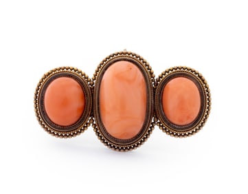 Victorian 14K Yellow Gold Red Coral Brooch