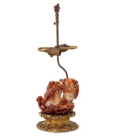 Chinese Red Agate Carving Mounted Table Lamp