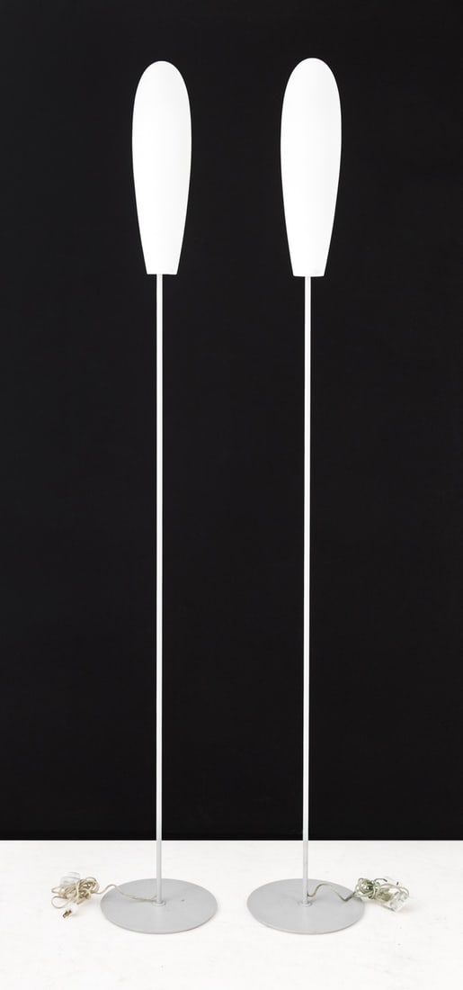 Itre Firme di Vetro Murano Glass Floor Lamps, Pair: Pair of Itre Firme di Vetro Murano Glass Floor Lamps, with "Made in Italy" labels to frosted white glass shades. 78.5" H x 11" Diameter. Provenance: From a Vintage Collection of Italian Designer Furni