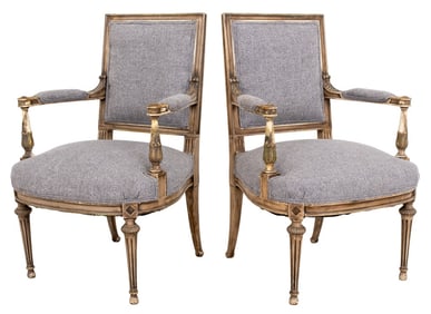 Louis XVI Style Gray Painted Fauteuils, Pair