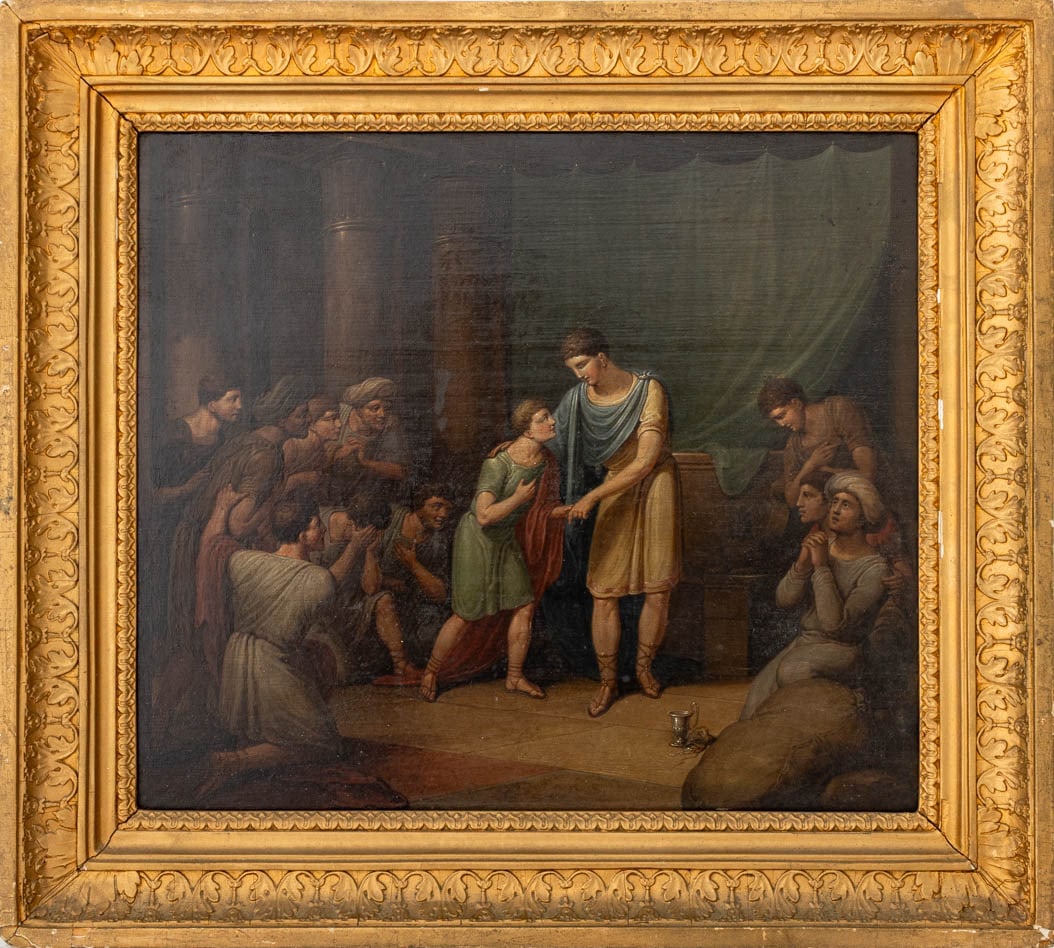 German School Return of the Prodigal Son Oil: German School, Return of the Prodigal Son, Oil on Oak Panel, early 19th century, inscribed in German in pencil on reverse of frame, and with various old auction marks including the date "11/13/79" to