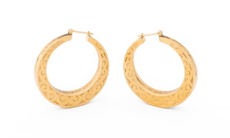 14K Yellow Gold Scroll Hoop Earrings