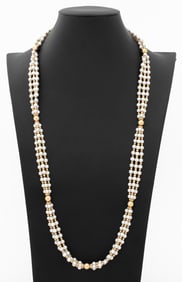 14K Yellow Gold Triple Strand Pearl Necklace