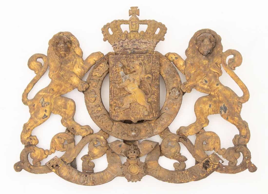 Belgian Cast Iron Heraldic Royal Coat of Arms: Belgian Cast Iron Heraldic Royal Coat of Arms, displaying royal motto "L'Union Fait la Force" [Strength through Unity], with original gilt enamel coating. 36" H x 43" W x 5"D. Provenance: From an Uppe