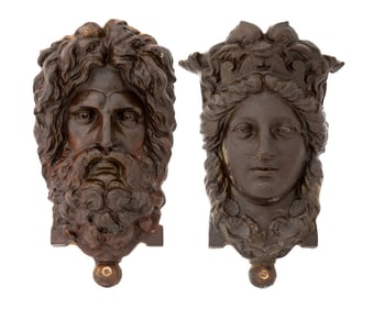 Victorian Male & Female Cast Iron Masks, Pair