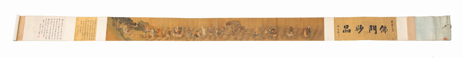 After Wang Ai The Sixteen Luohans Watercolor: After Wang Ai (Chinese, Song Dynasty), The Sixteen Luohans, Watercolor and Ink on Paper, Qing Dynasty, character marks and chop seals throughout. Image: 122.5" L x 13.5" W; overall: 24' 5" x 13.5" W. 