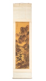 Chinese Landscape with Deer Scroll Painting