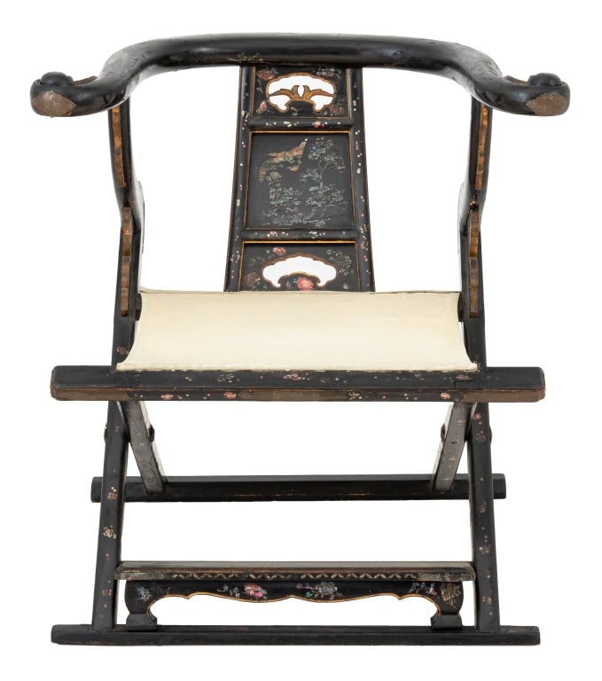 Chinese Ming Style Lacquered Horseshoe Armchair: Chinese Ming Style Lacquered Horseshoe Back Folding Armchair, with fabric seat. 33" H x 33" W x 30" D. Seat 17" H. Provenance: From a New York City Collection. Keywords: Chinese Antique Furniture, Sea