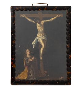 German Crucifixion with Mary Magdalene Oil, 18th C