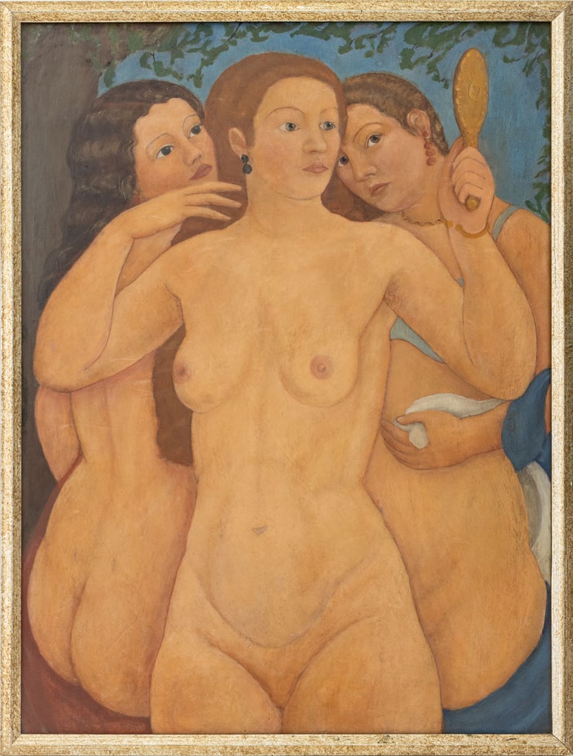 Laura Bodebender "The Counselors' Whispers" Oil: Laura Bodebender (American, 1900-1991), "The Counselors' Whispers", Oil on Board, circa 1925, inscribed to verso with title, paper label reading "The / Counselors / Whispers / By / Bodebender / Circa 