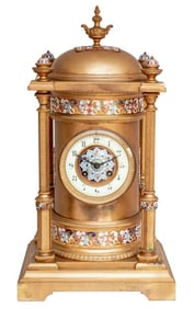 French Champleve Enamel Gilt Metal Clock, 19th C.