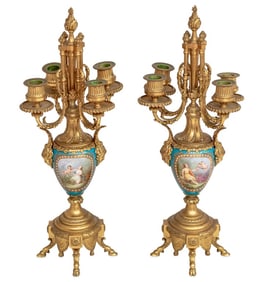 French Gilt Metal & Blue Porcelain Candelabra, Pr.