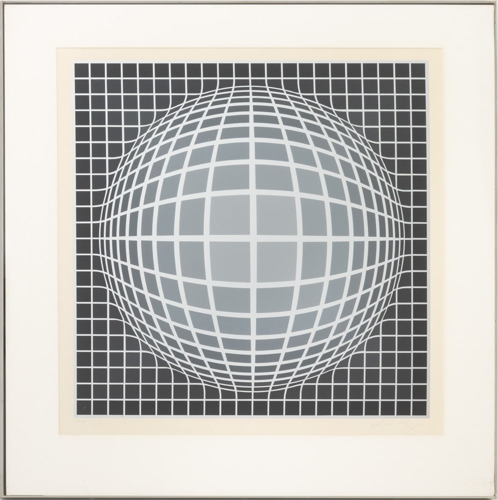 Victor Vasarely "Argent Noir" Screenprint: Victor Vasarely (Hungarian/French, 1906-1997), "Argent Noir", Screenprint in Colors, signed in pencil lower right and numbered edition "174/267" lower left, silver-tone frame. Image: 23" H x 23" W; fr