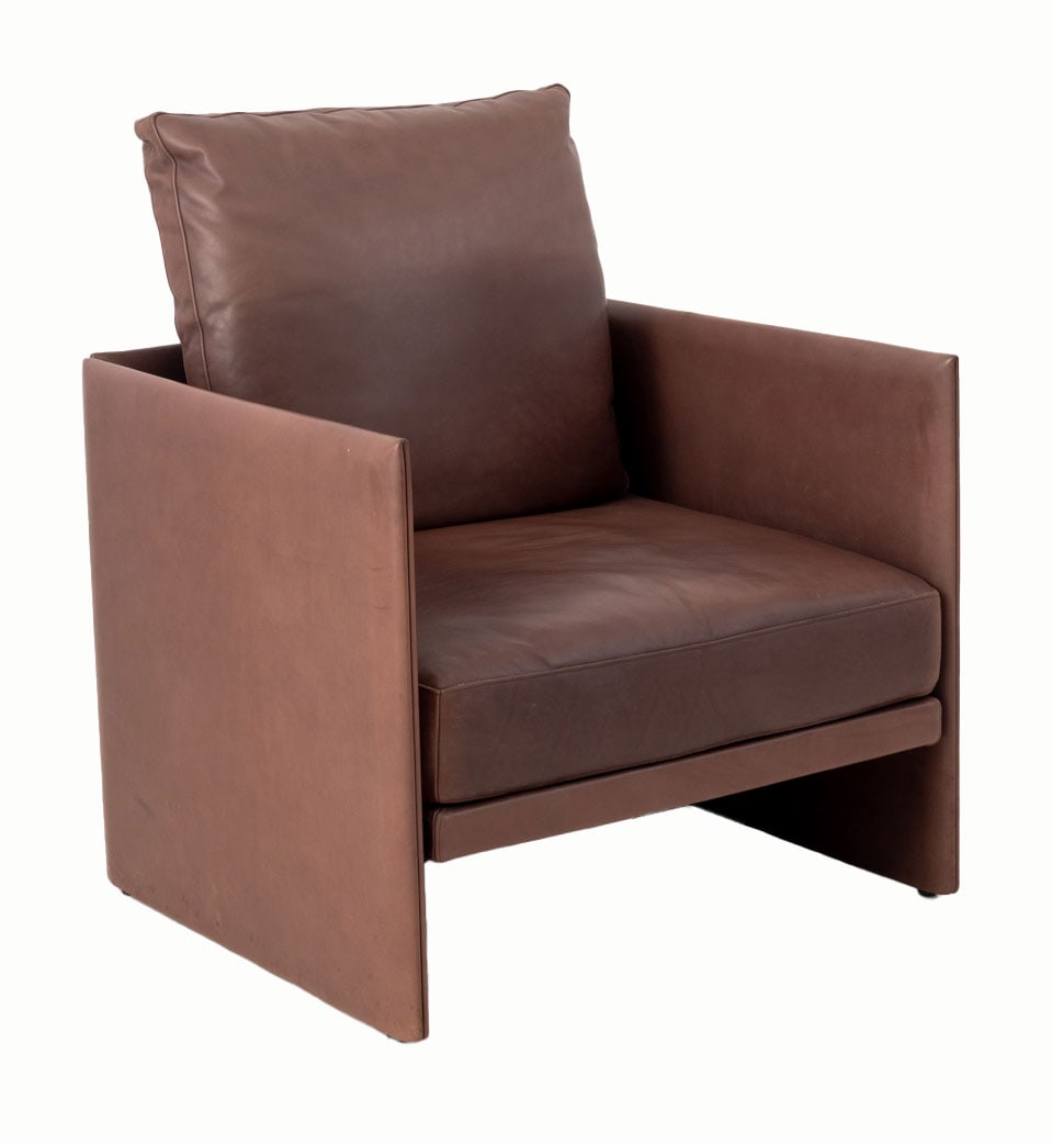 Piero Lissoni for Cassina "Toot" Leather Armchair: Piero Lissoni for Cassina "Toot" Brown Leather Arm Chair, with two cushions and "Cassina" label. 26" H x 31" W x 29.5" D. Provenance: From a Vintage Collection of Italian Designer Furniture Samples. K