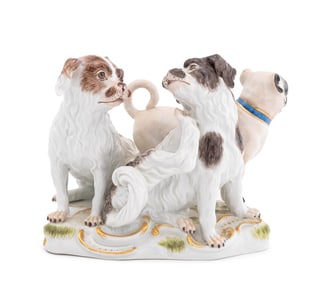 Meissen Porcelain Spaniels and Pug Sculpture